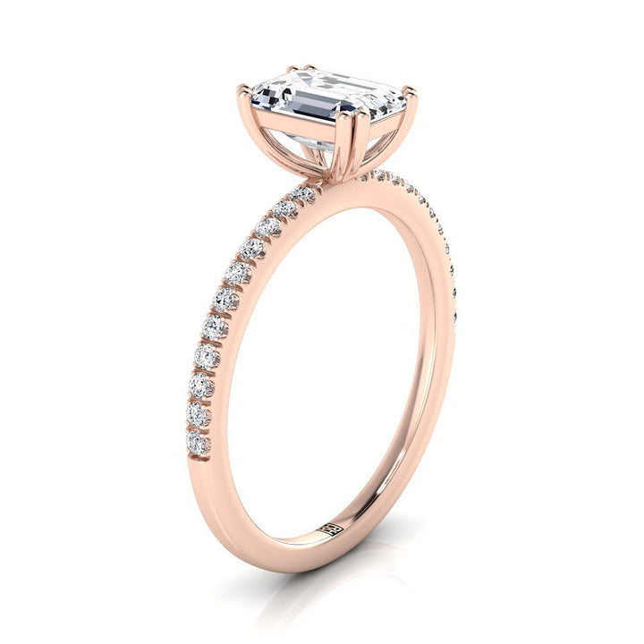 Emerald Cut, Double Claw Prong French Pavé Emerald, in 14K Rose Gold – side profile | RockHer