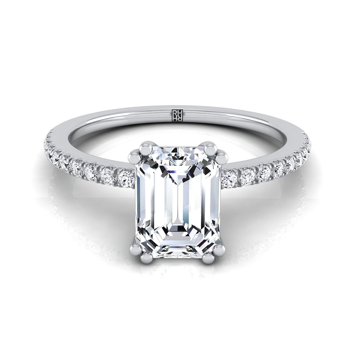 Emerald Cut, Double Claw Prong French Pavé Emerald, in Platinum | RockHer
