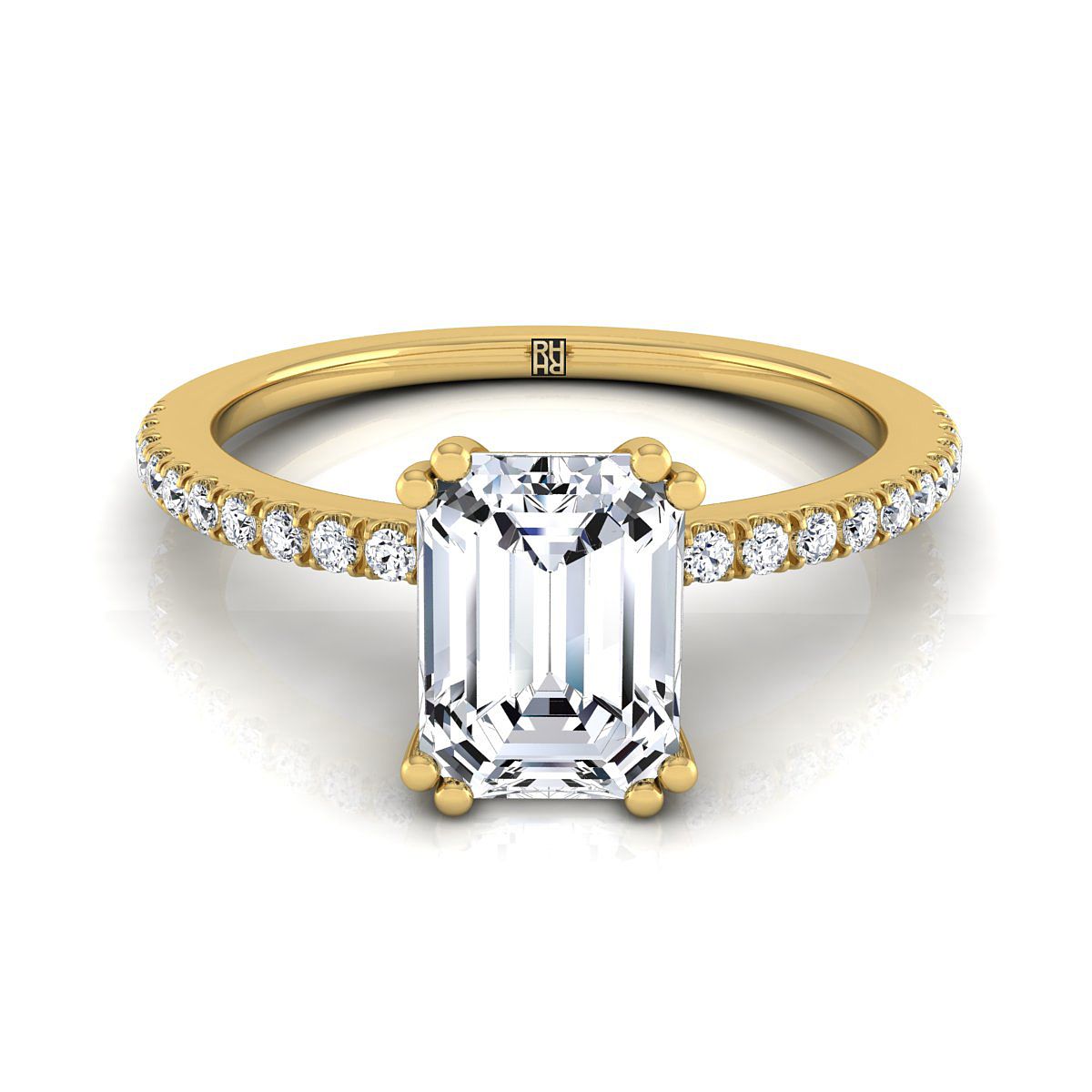 Emerald Cut, Double Claw Prong French Pavé Emerald, in 18K Yellow Gold | RockHer