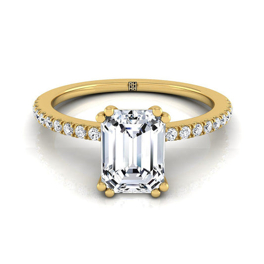 Emerald Cut, Double Claw Prong French Pavé Emerald, in 18K Yellow Gold | RockHer