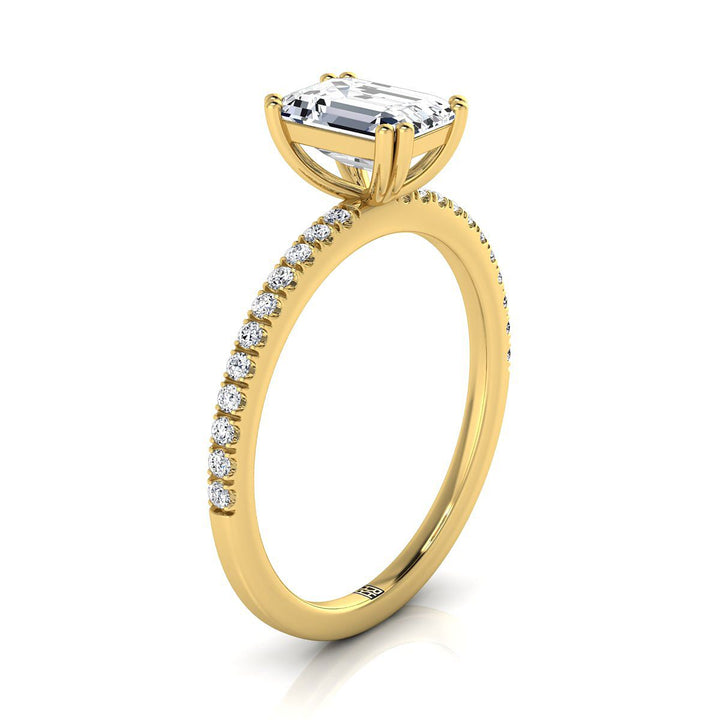 Emerald Cut, Double Claw Prong French Pavé Emerald, in 18K Yellow Gold – side profile | RockHer