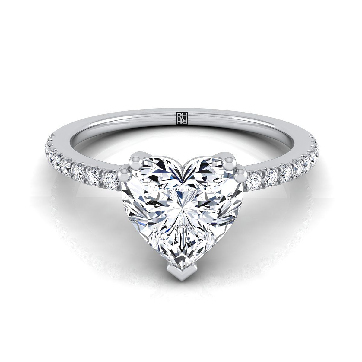 18K White Gold Heart Shape Center Diamond Simple French Pave Double Claw Prong Engagement Ring -1/6ctw