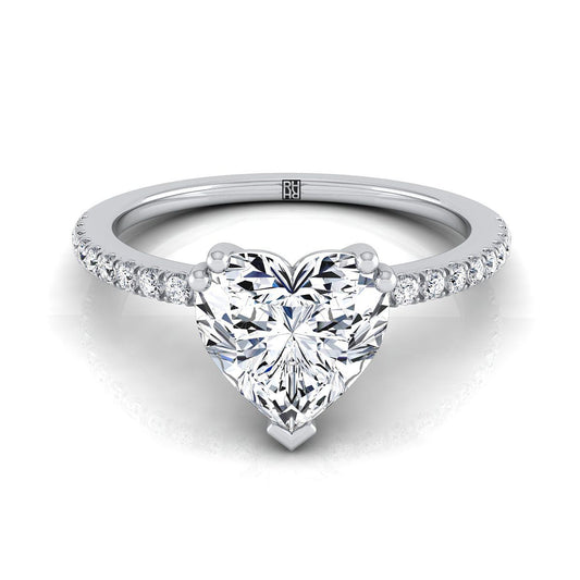 18K White Gold Heart Shape Center Diamond Simple French Pave Double Claw Prong Engagement Ring -1/6ctw