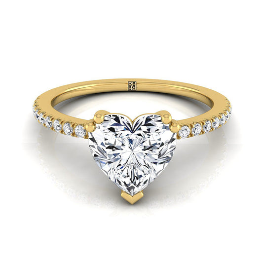 Double Claw Prong French Pavé Heart Shape Engagement Ring Setting in 14K Yellow Gold
