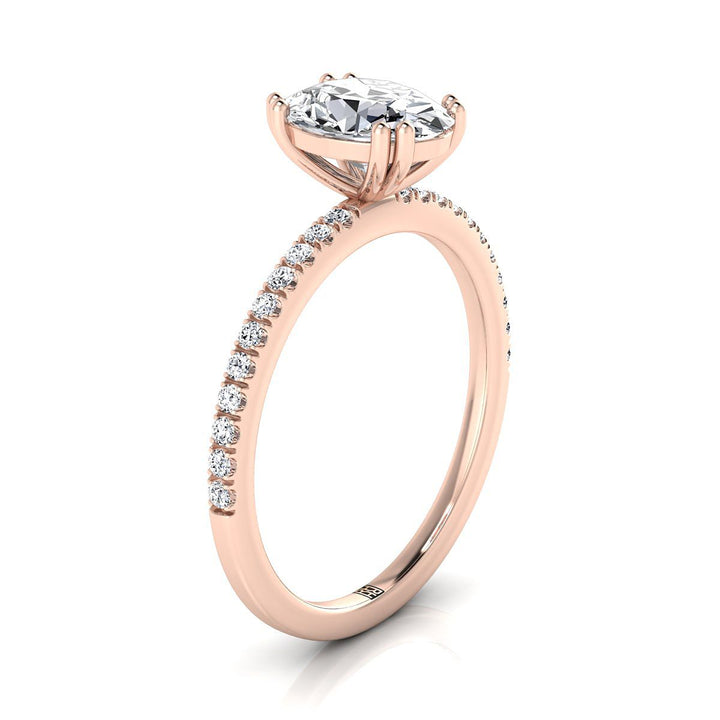 14K Rose Gold Oval Ruby Simple French Pave Double Claw Prong Diamond Engagement Ring -1/6ctw