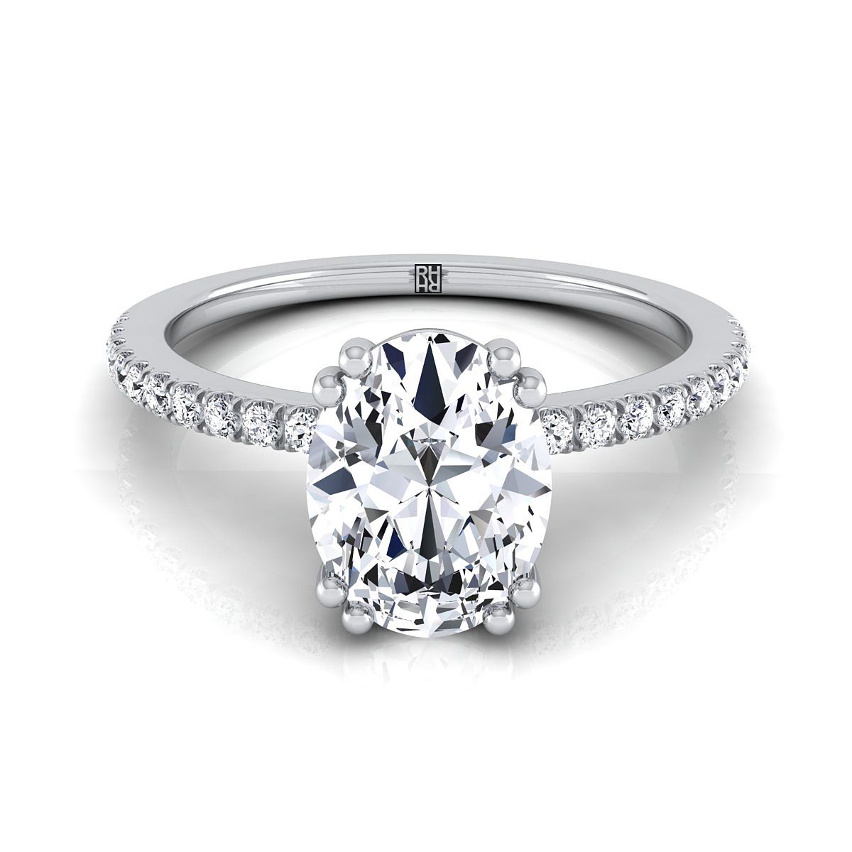 Double Claw Prong French Pavé Oval, in 18K White Gold | RockHer