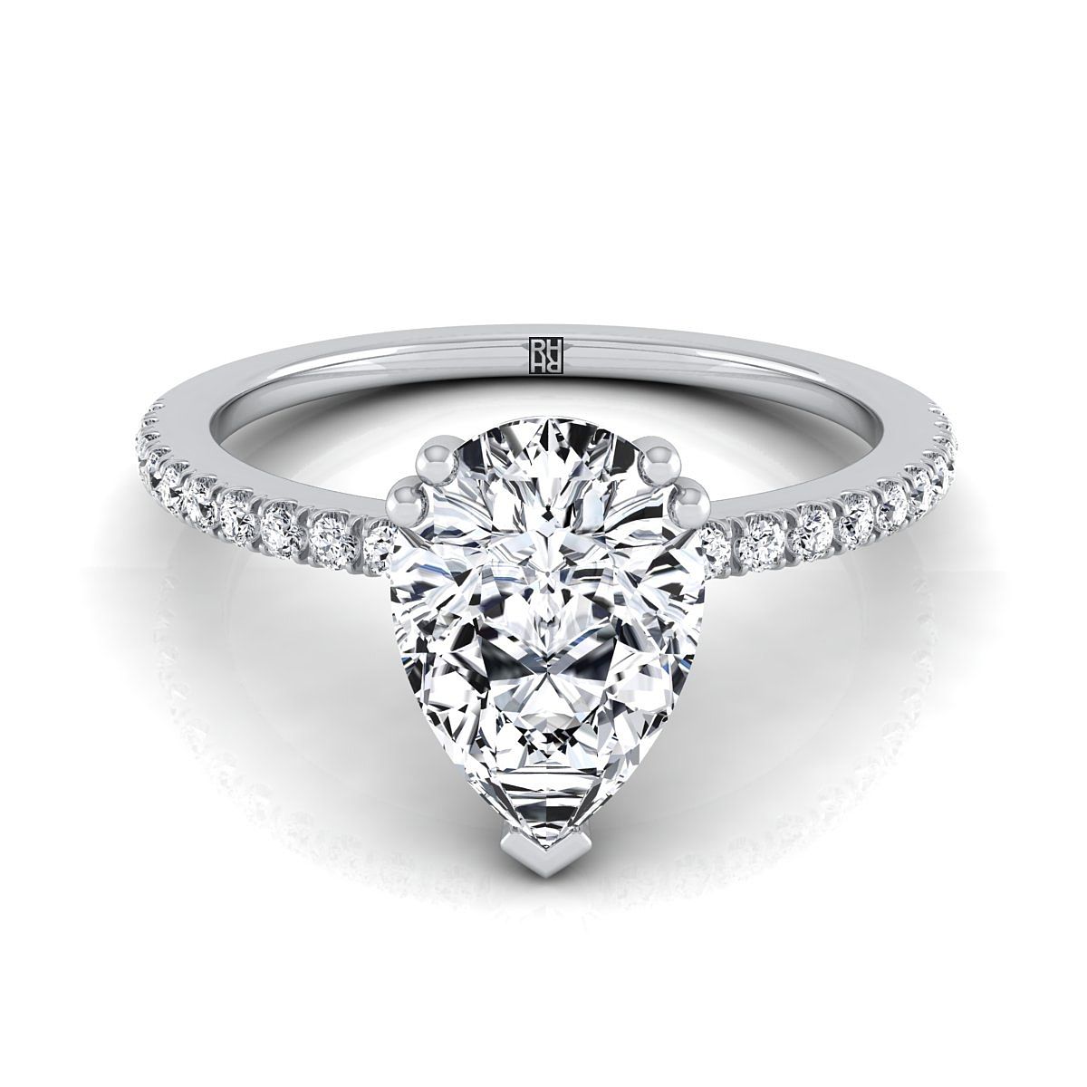 Platinum Pear Shape Center Diamond Simple French Pave Double Claw Prong Engagement Ring -1/6ctw