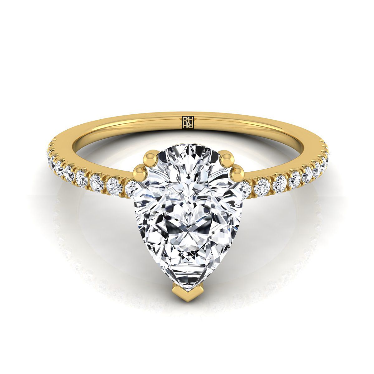 14K Yellow Gold Pear Shape Center Diamond Simple French Pave Double Claw Prong Engagement Ring -1/6ctw
