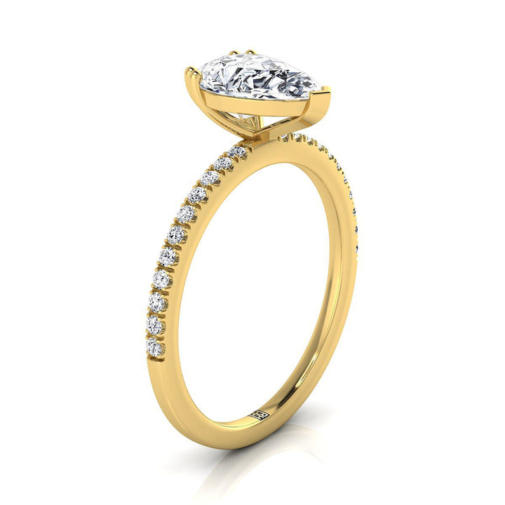14K Yellow Gold Pear Shape Center Diamond Simple French Pave Double Claw Prong Engagement Ring -1/6ctw