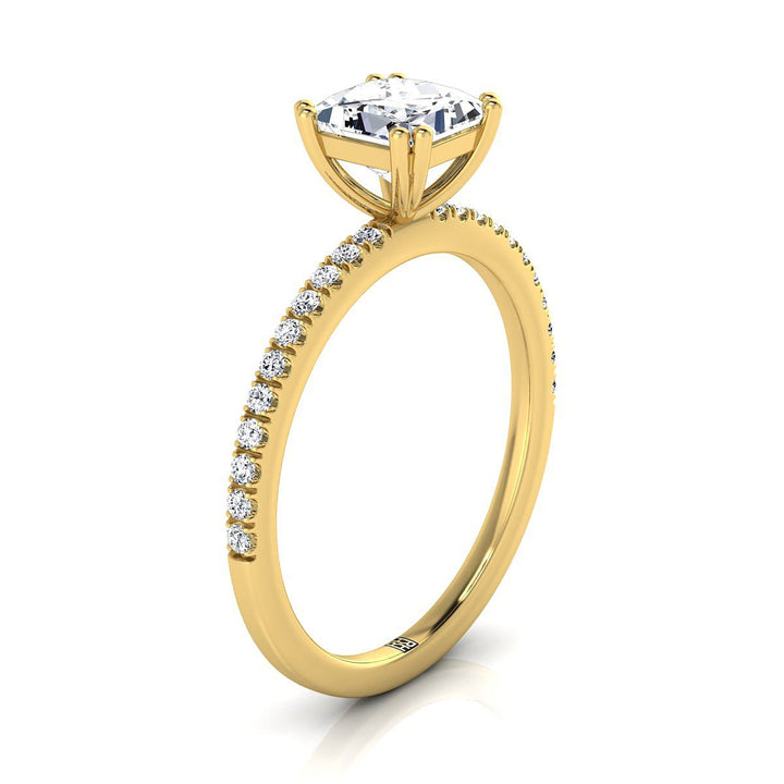 18K Yellow Gold Princess Cut Diamond Simple French Pave Double Claw Prong Engagement Ring -1/6ctw