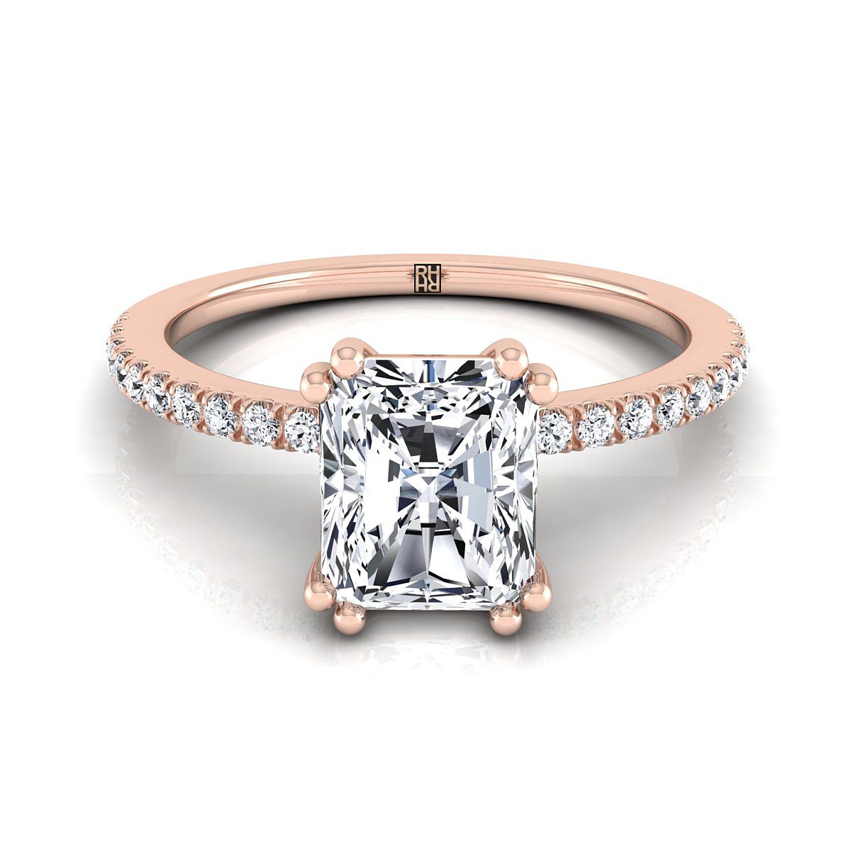 Double Claw Prong French Pavé Radiant, in 14K Rose Gold | RockHer