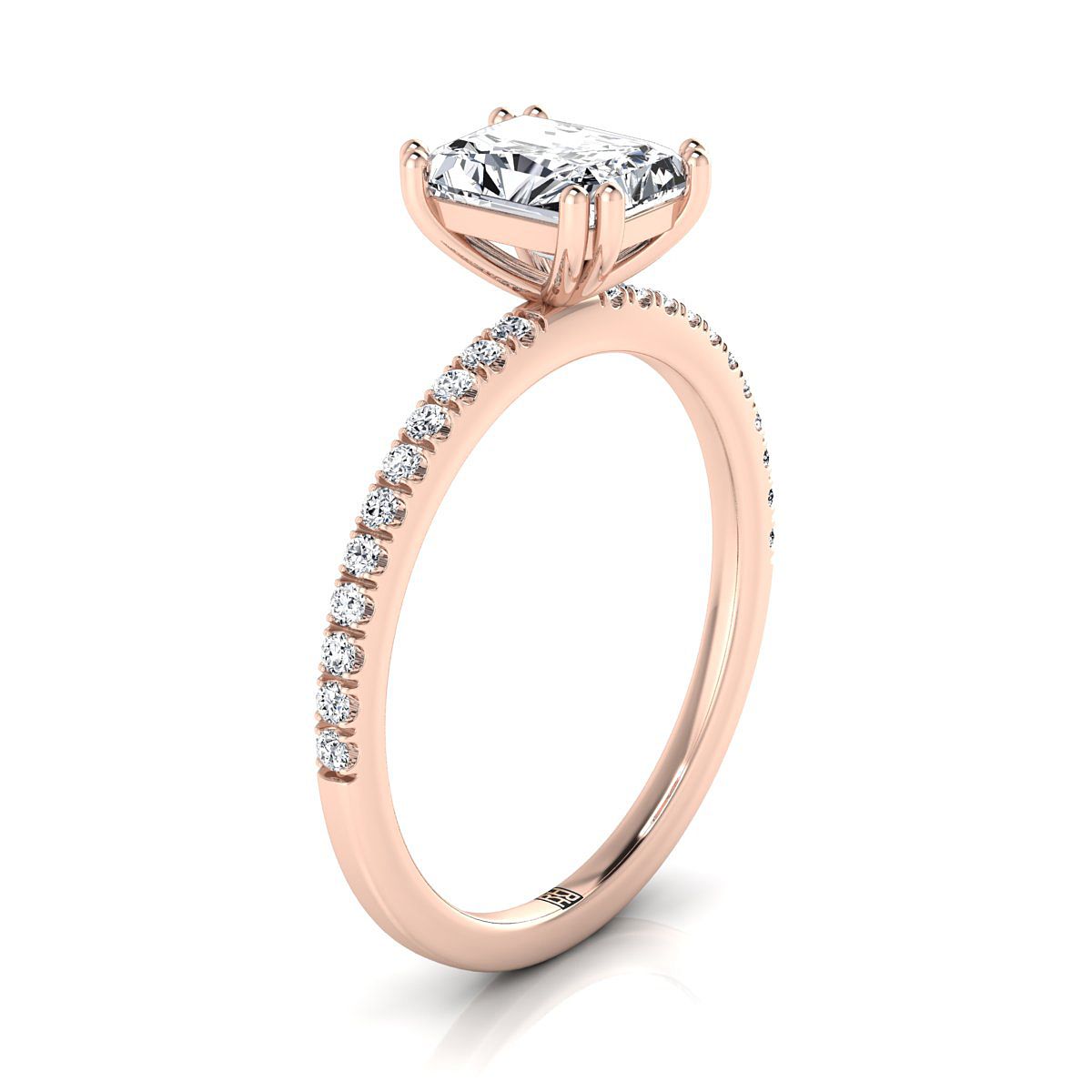 Double Claw Prong French Pavé Radiant, in 14K Rose Gold – side profile | RockHer