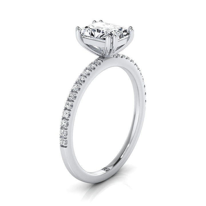 แหวนหมั้นทองคำขาว 14K ประดับเพชรกลางทรงเรเดียนต์ ตกแต่งแบบฝรั่งเศสเรียบง่ายด้วยหนามเตยคู่แบบฝังเม็ด - 1/6 กะรัตรวม