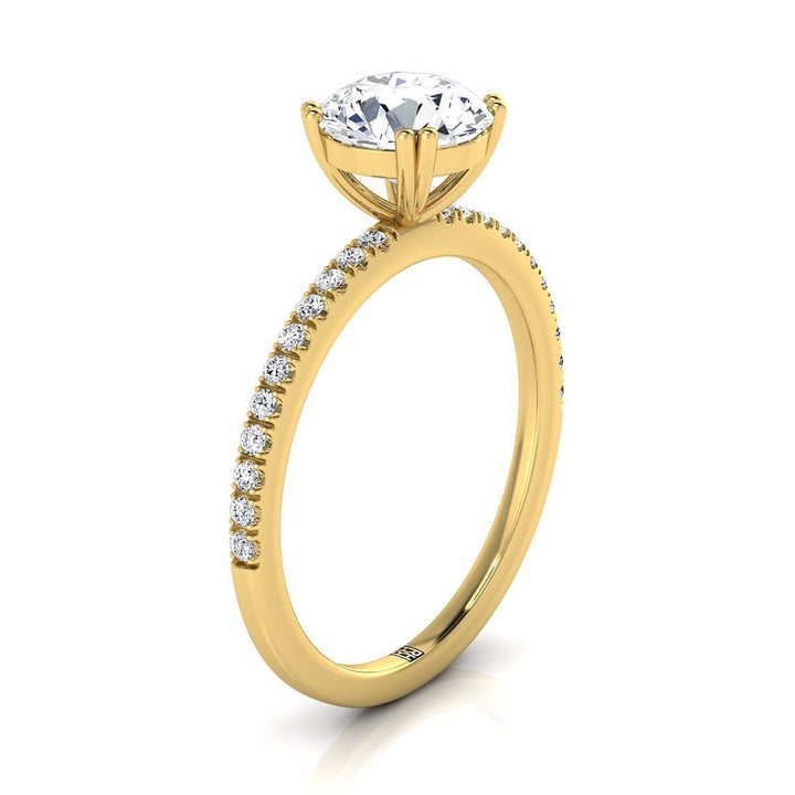 14K Yellow Gold Round Brilliant Diamond Simple French Pave Double Claw Prong Engagement Ring -1/6ctw