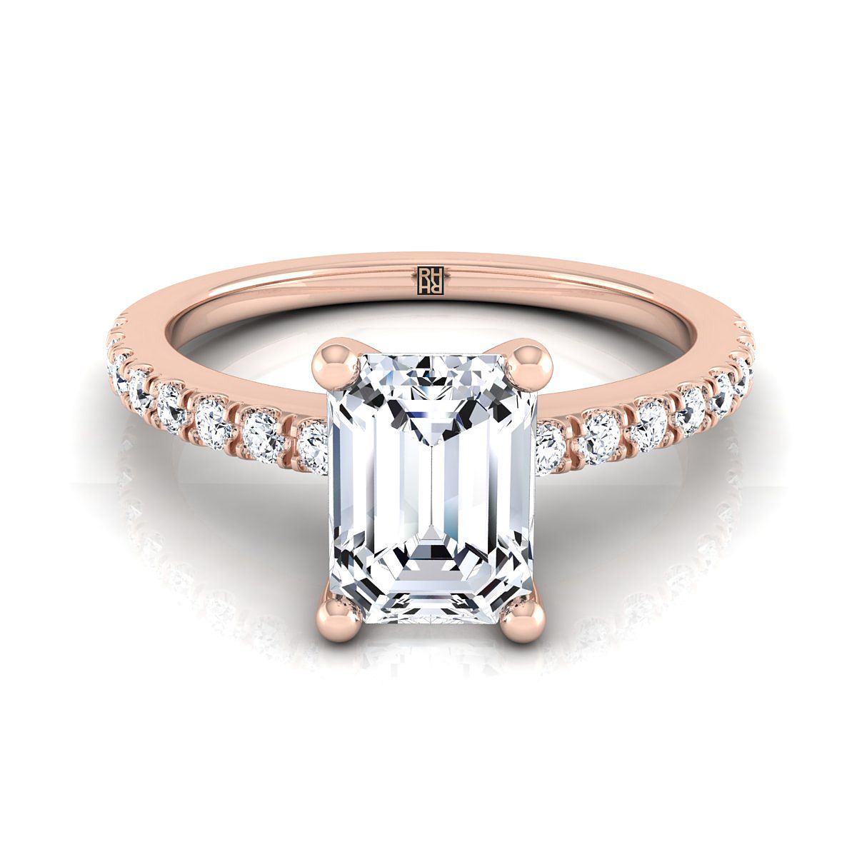 European Cut, Classic Linear French Pavé Emerald, in 14K Rose Gold | RockHer