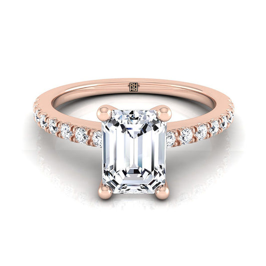 European Cut, Classic Linear French Pavé Emerald, in 14K Rose Gold | RockHer