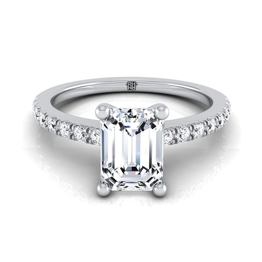European Cut, Classic Linear French Pavé Emerald, in 18K White Gold | RockHer