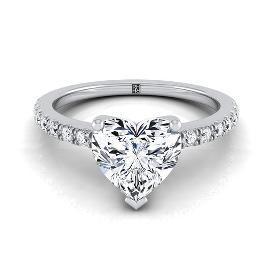 Classic Linear French Pavé Heart Shape Engagement Ring Setting in 18K White Gold