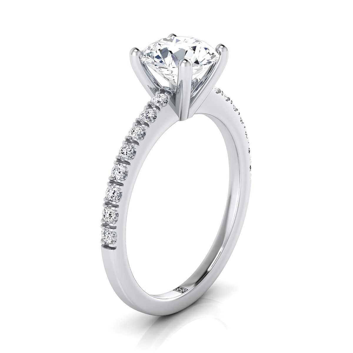 Round Brilliant, Classic Linear French Pavé, in 18K White Gold – side profile | RockHer