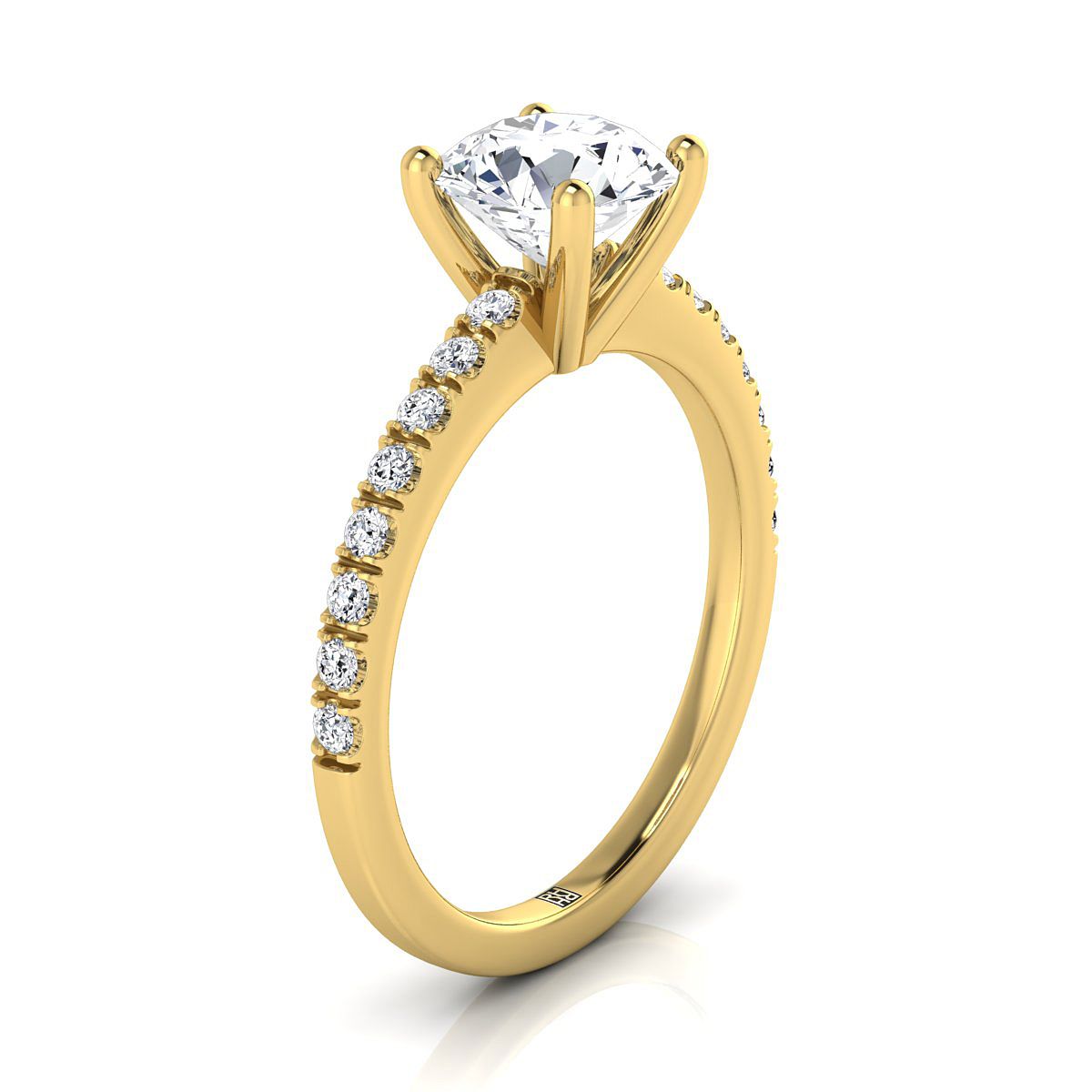 Round Brilliant, Classic Linear French Pavé, in 18K Yellow Gold – side profile | RockHer