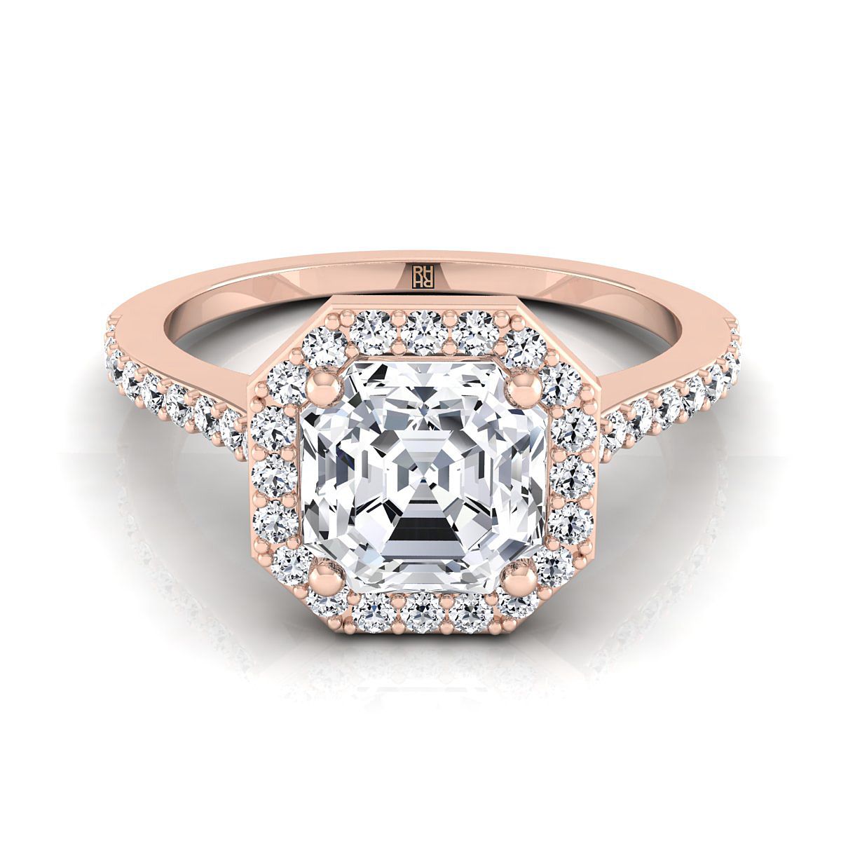 Classic French Pavé Halo Asscher, in 14K Rose Gold, pave setting | RockHer
