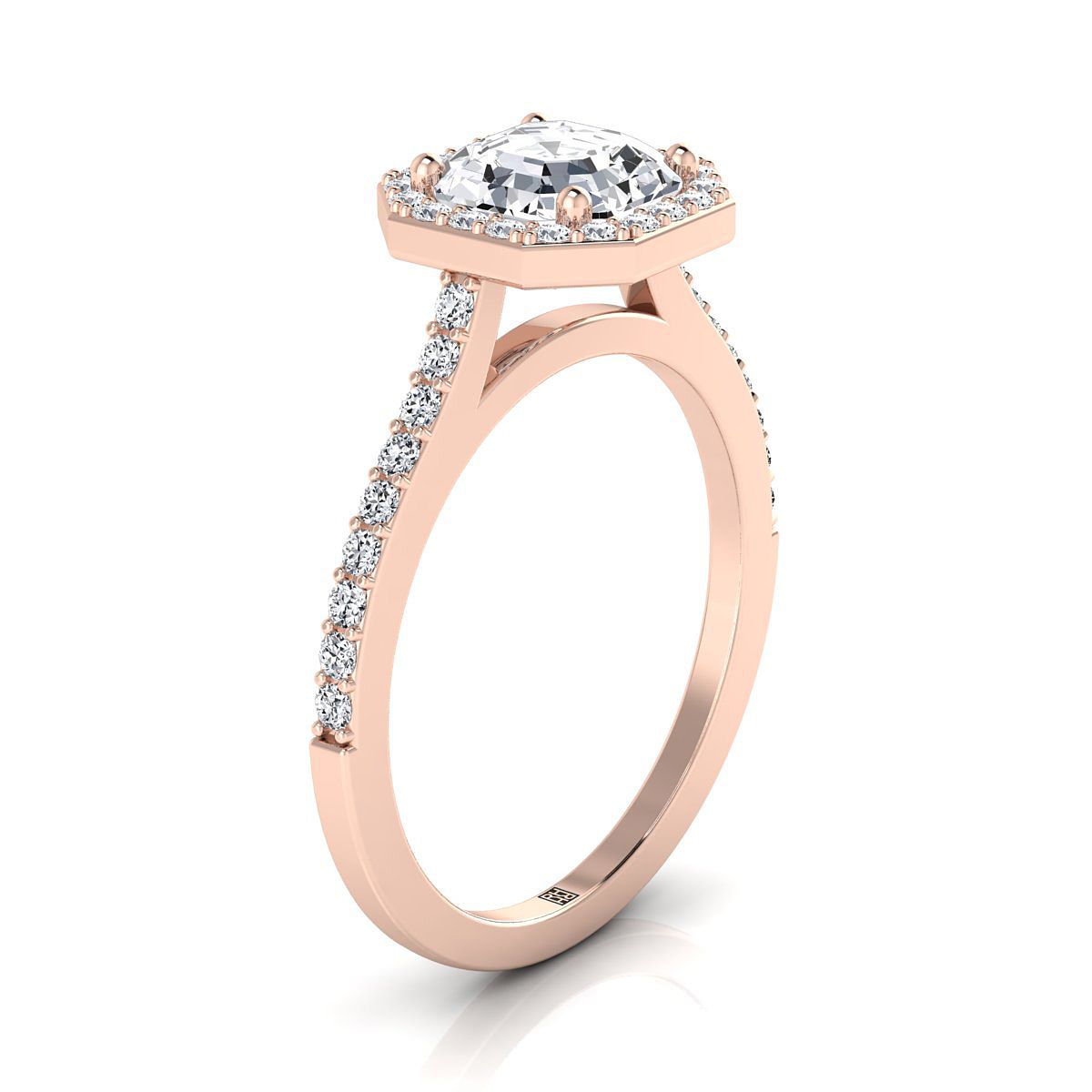 Classic French Pavé Halo Asscher, in 14K Rose Gold, pave setting – side profile | RockHer