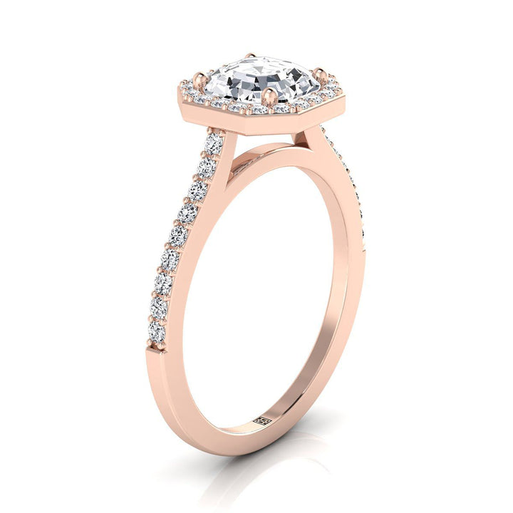 Classic French Pavé Halo Asscher, in 14K Rose Gold, pave setting – side profile | RockHer