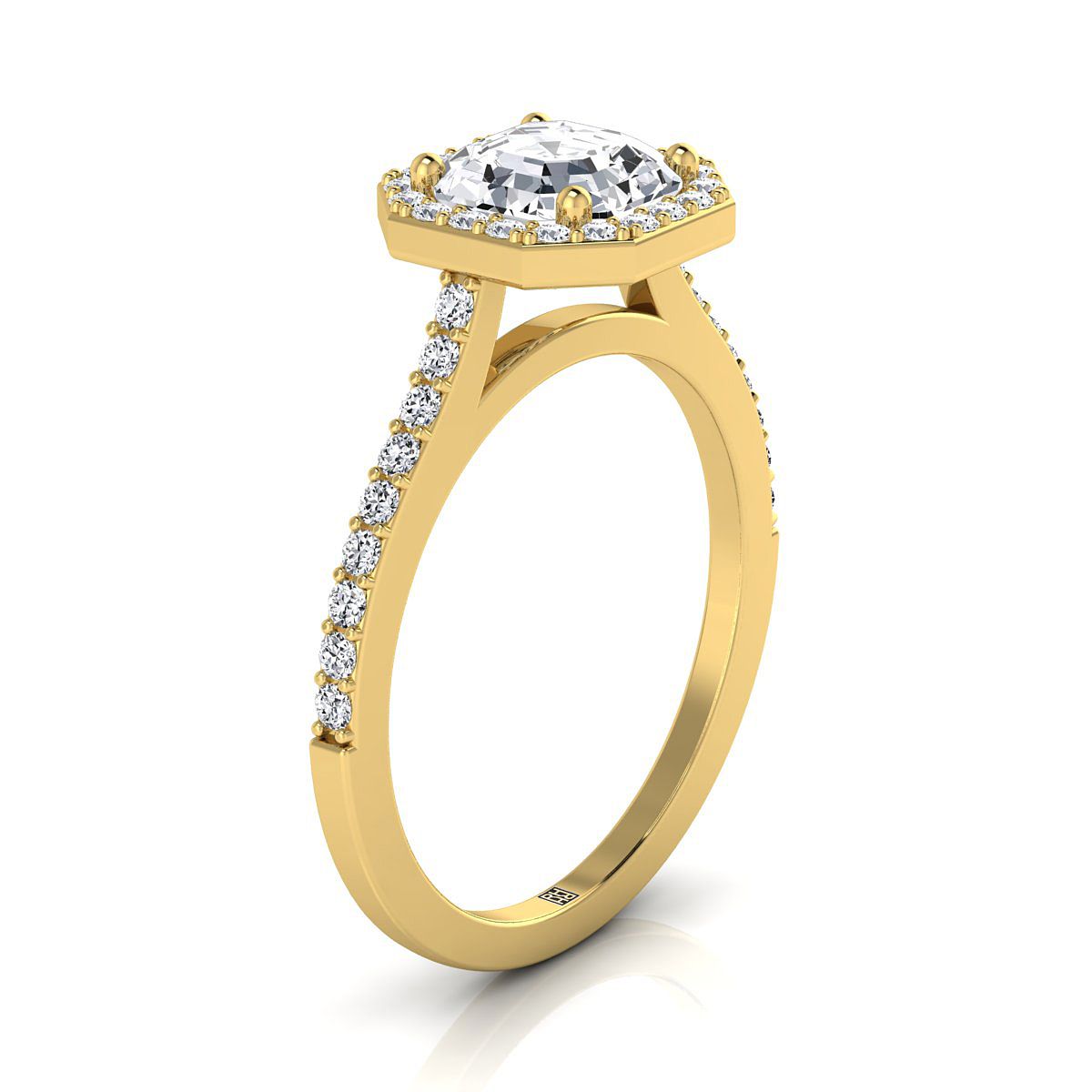 Classic French Pavé Halo Asscher, in 18K Yellow Gold, pave setting – side profile | RockHer
