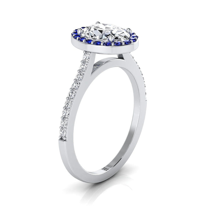 แหวนหมั้นทองคำขาว 18K รูปไข่ คลาสสิก ฝรั่งเศส ประดับด้วยไพลินสีน้ำเงินแบบพาเว่และฮาโลว์เชิงเส้น - 1/6ctw