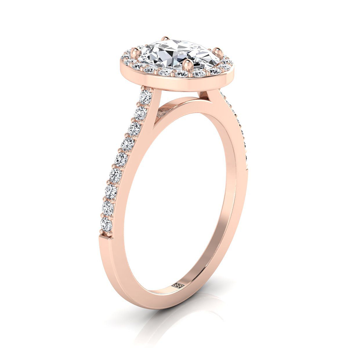 Classic French Pavé Halo Oval, in 14K Rose Gold, pave setting – side profile | RockHer