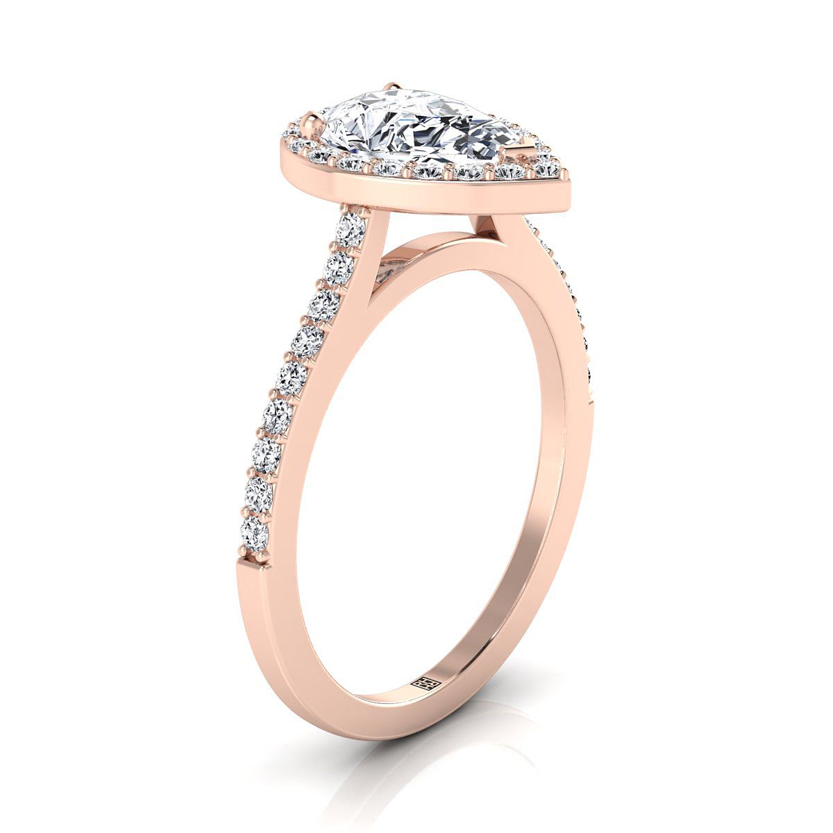 Classic French Pavé Halo Pear Shape, in 14K Rose Gold, pave setting – side profile | RockHer