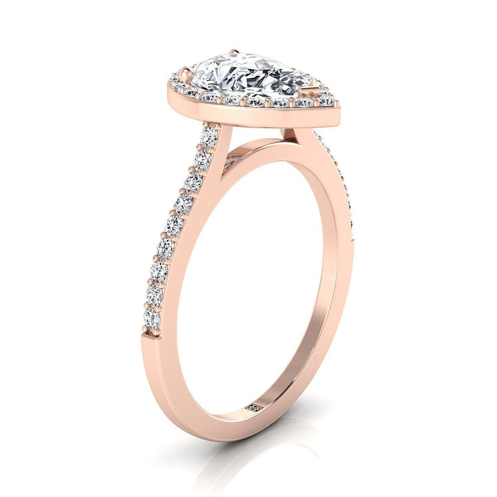 Classic French Pavé Halo Pear Shape, in 14K Rose Gold, pave setting – side profile | RockHer