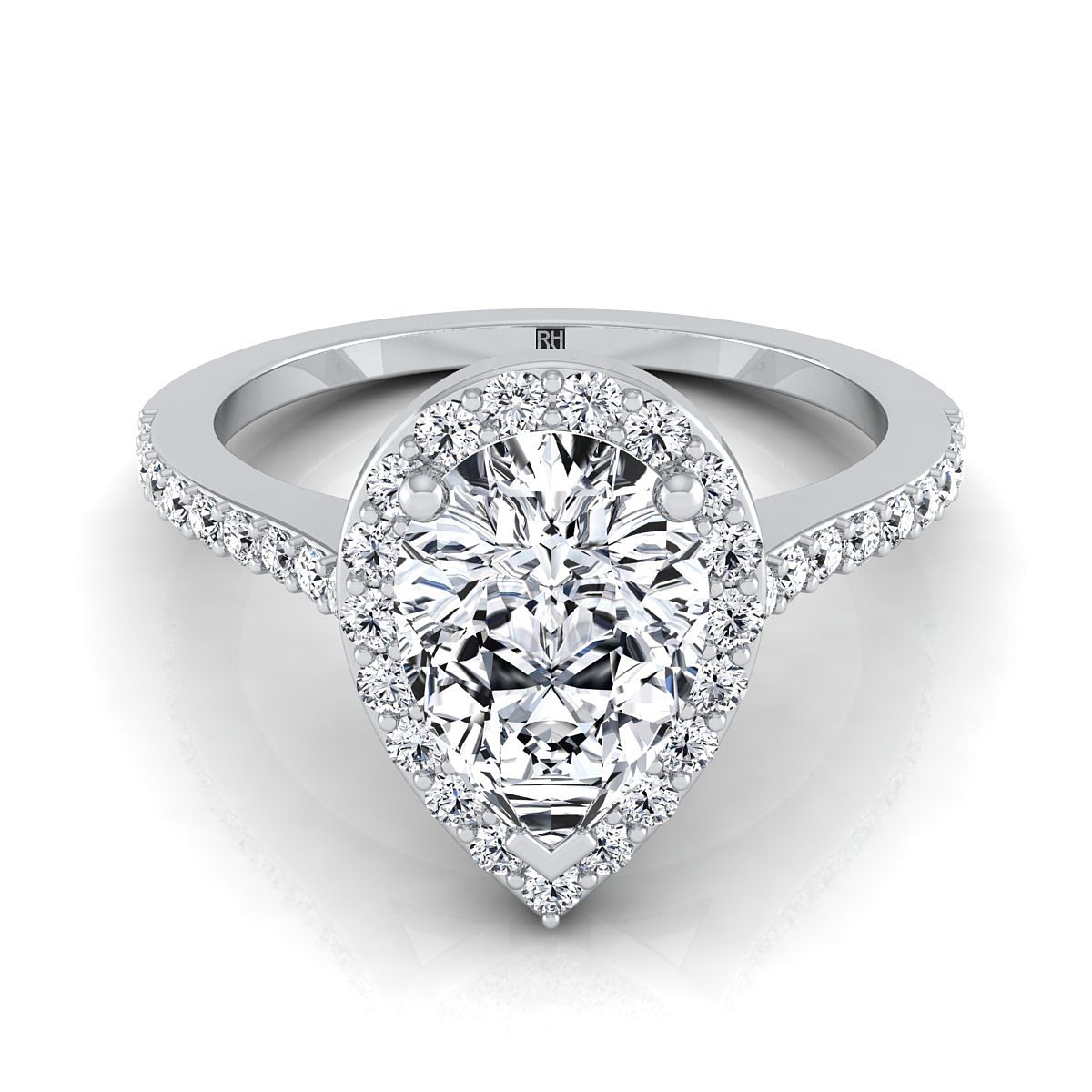 Classic French Pavé Halo Pear Shape, in 18K White Gold, pave setting | RockHer