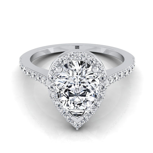 Classic French Pavé Halo Pear Shape, in 18K White Gold, pave setting | RockHer