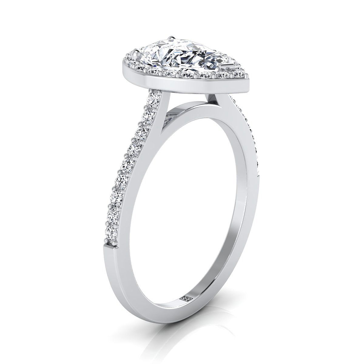 Classic French Pavé Halo Pear Shape, in Platinum, pave setting – side profile | RockHer
