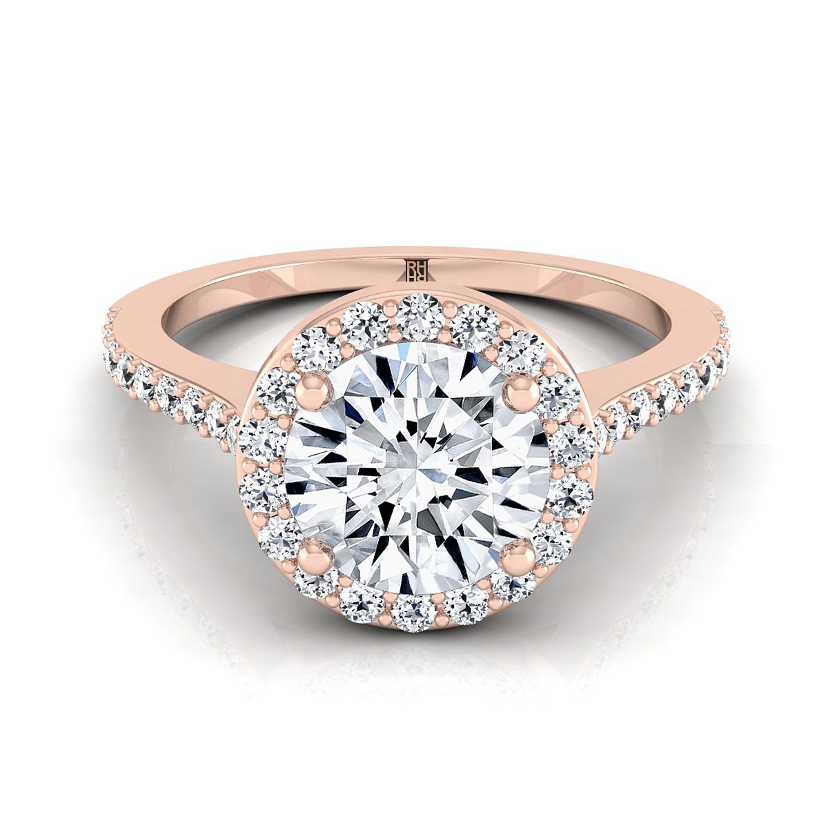 Round Brilliant, Classic French Pavé Halo Round, in 14K Rose Gold, pave setting – view 8 | RockHer