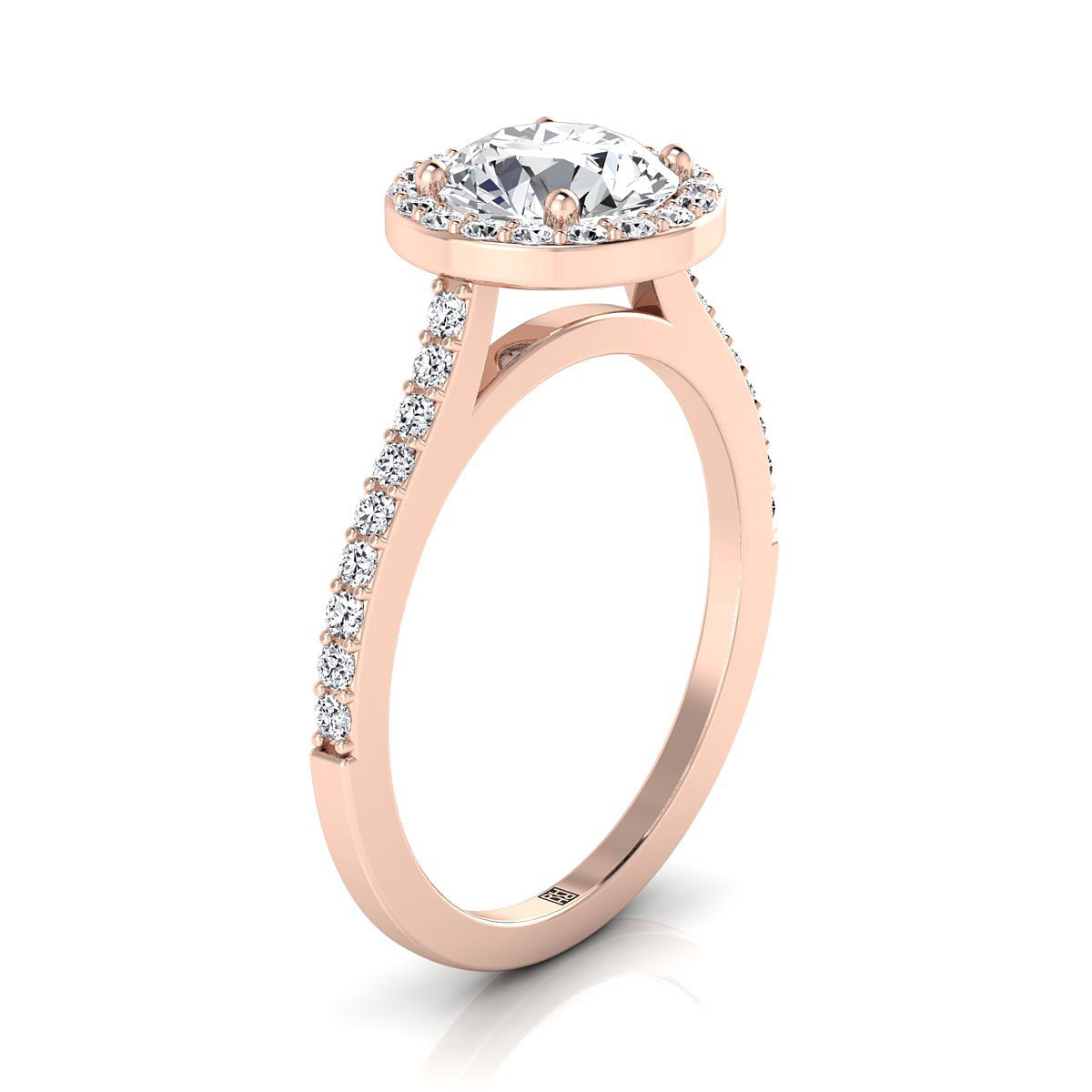 แหวนหมั้นเพชรทรงกลมเจียระไนแบบคลาสสิกฝรั่งเศสประดับเพชรพาเว่และฮาโลว์เส้นตรงทองกุหลาบ 14K - 1/3 กะรัตรวม