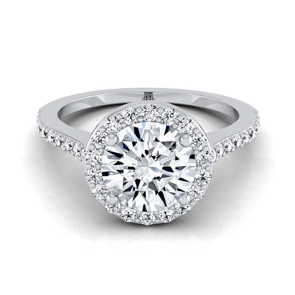 Round Brilliant, Classic French Pavé Halo, in 18K White Gold, pave setting – view 8 | RockHer