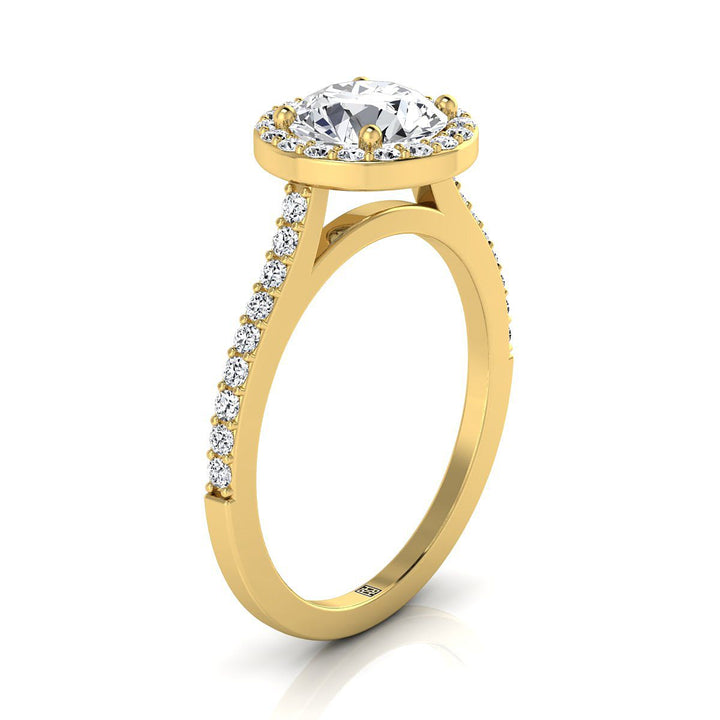 Round Brilliant, Classic French Pavé Halo Round, in 18K Yellow Gold, pave setting – side profile | RockHer