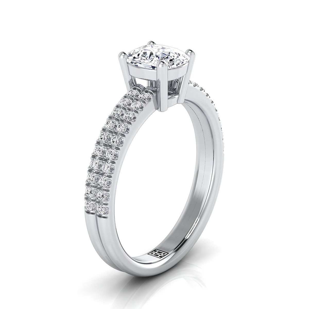 Double Row Micro-Set Pavé Cushion, in 18K White Gold, pave setting – side profile | RockHer