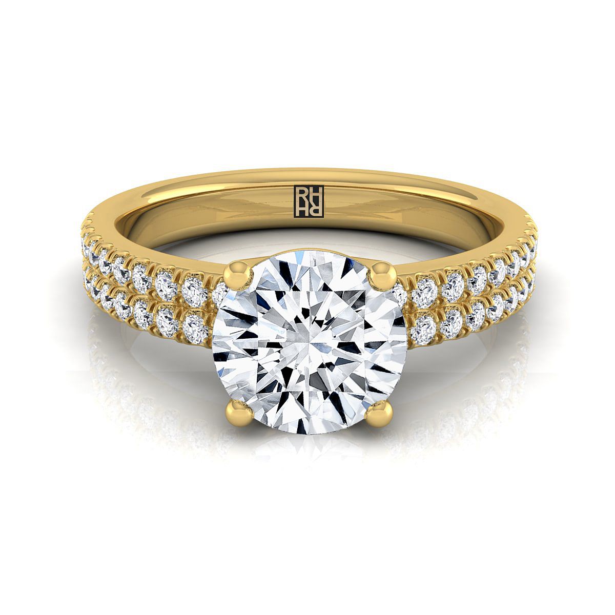 แหวนหมั้นเพชรทรงกลมเจียระไนแบบ Brilliant ประดับเพชรแบบ Double Pave แถวเดียว ทองคำเหลือง 18K - 1/4ctw