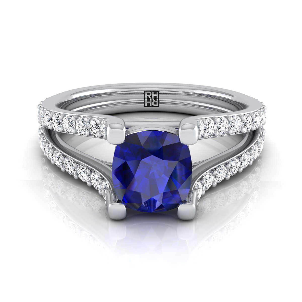 แหวนหมั้นทองคำขาว 18K ทรงหมอน ประดับแซฟไฟร์แบบหนามเตย พร้อมแยกชั้นแหวน