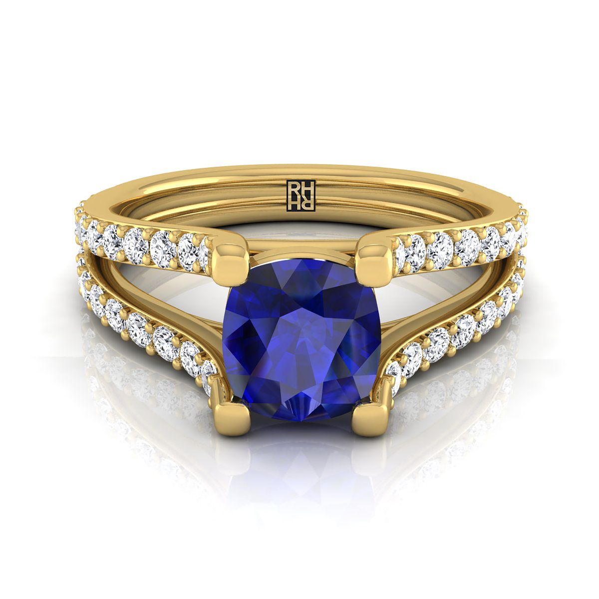 แหวนหมั้นประดับไพลินแบบแยกขา ตัวเรือนทองคำ 18K สีเหลืองแบบหมุดสี่เหลี่ยม