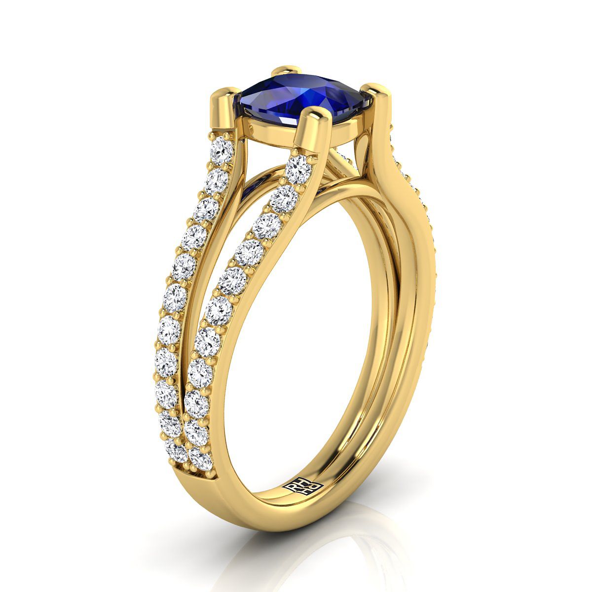 แหวนหมั้นประดับไพลินแบบแยกขา ตัวเรือนทองคำ 18K สีเหลืองแบบหมุดสี่เหลี่ยม