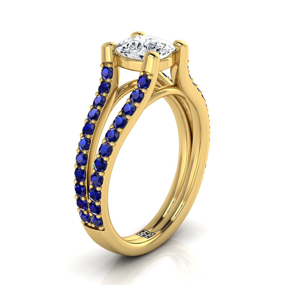 14K Yellow Gold Cushion Prong Set Sapphire Split Shank Engagement Ring