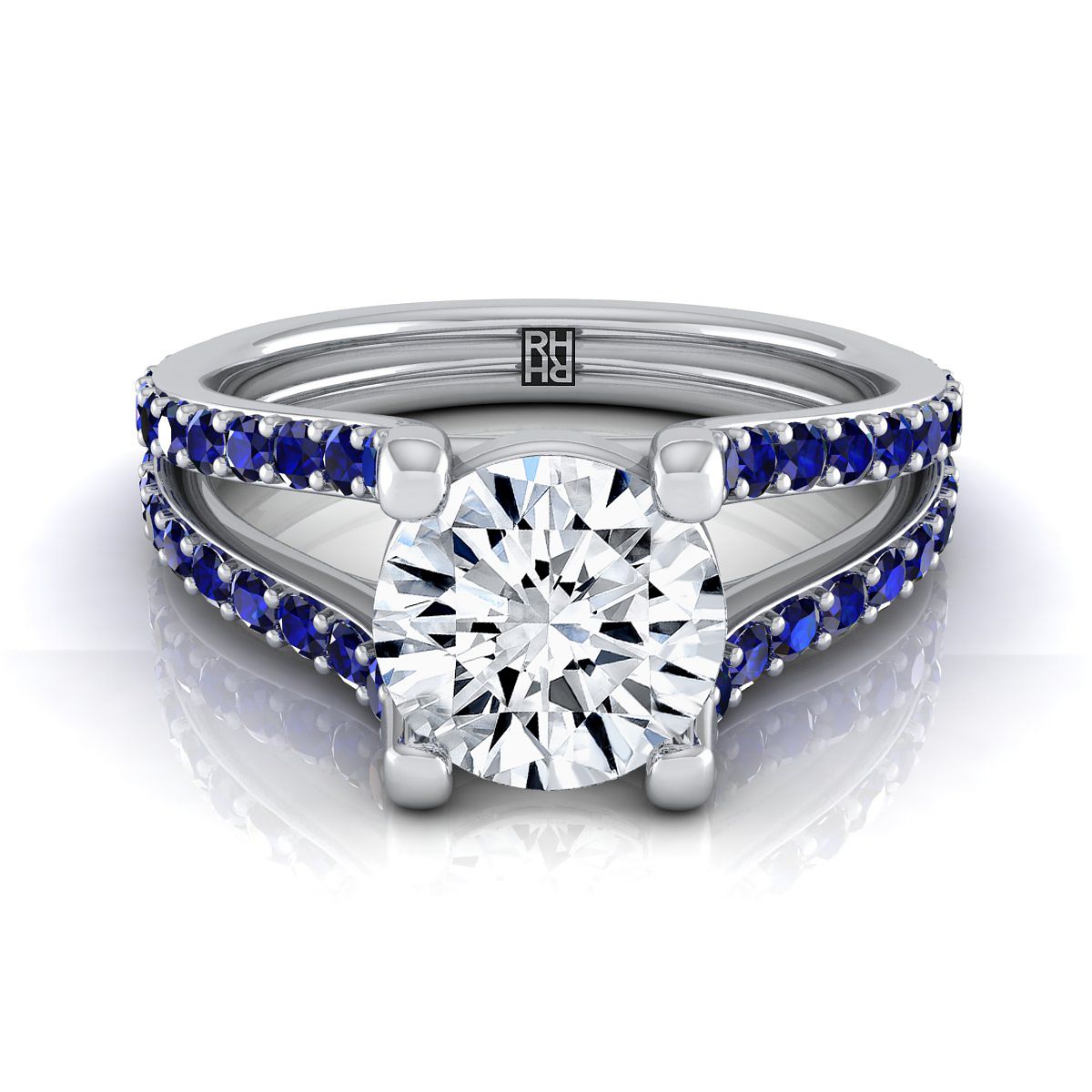 18K White Gold Round Brilliant Prong Set Sapphire Split Shank Engagement Ring