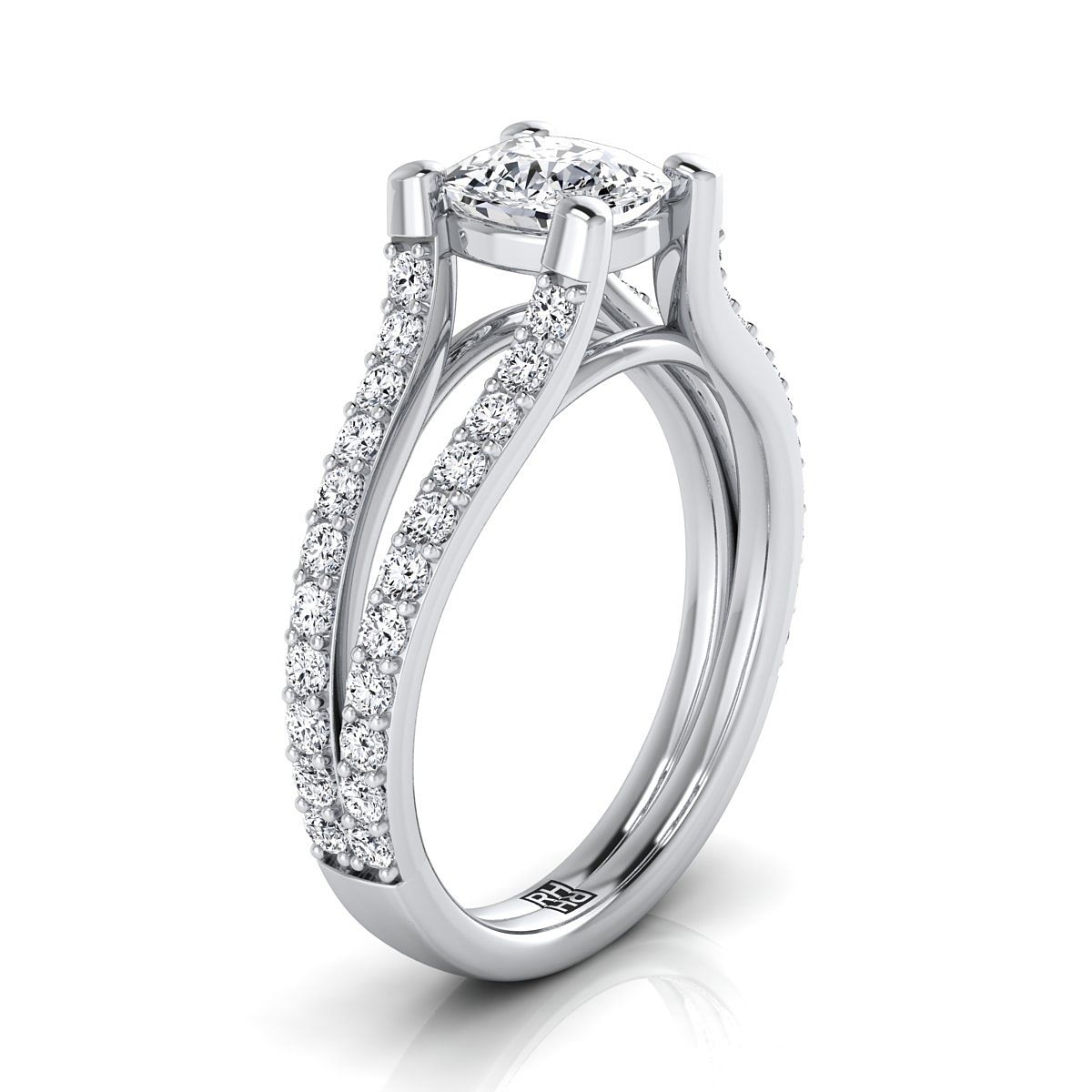 Split Shank Pavé Cushion, in 18K White Gold – side profile | RockHer