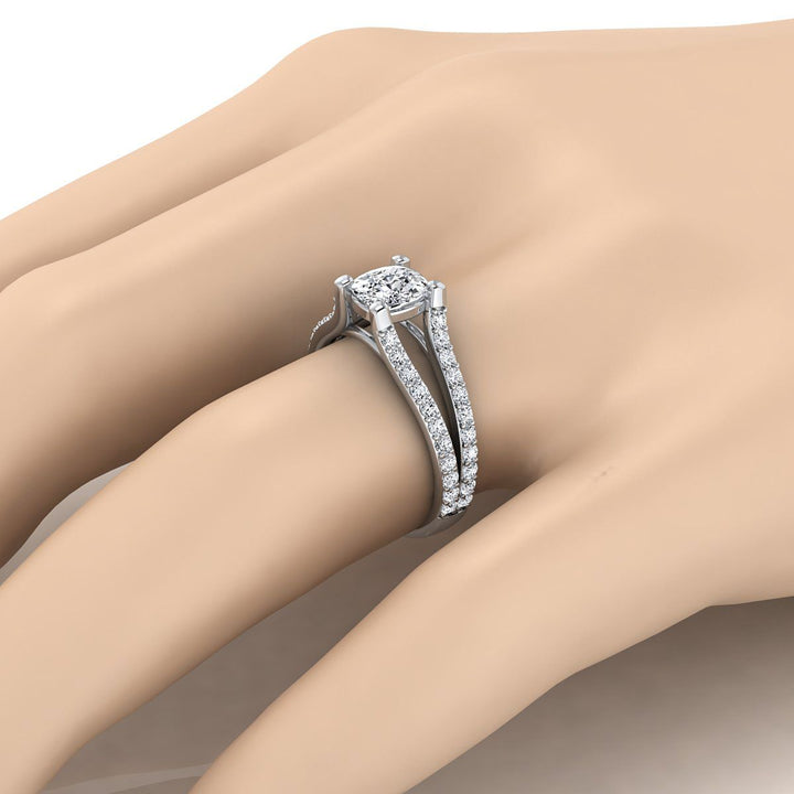 Split Shank Pavé Cushion, in 18K White Gold – detail view | RockHer