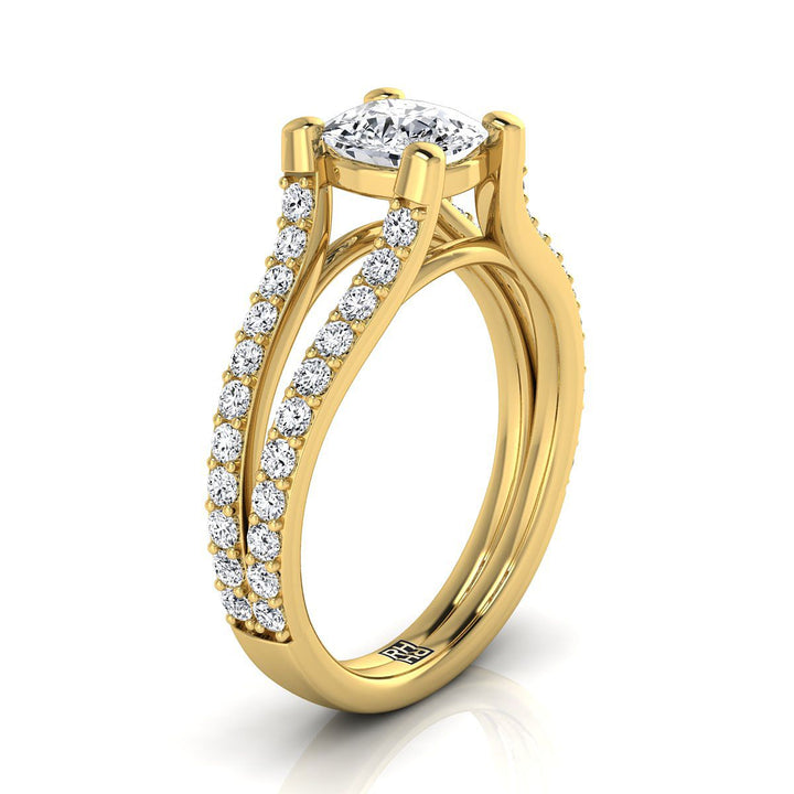 แหวนหมั้นทองคำเหลือง 14K ประดับแซฟไฟร์แบบหมุดรองรับทรงหมอน พร้อมแยกชิ้นแหวน