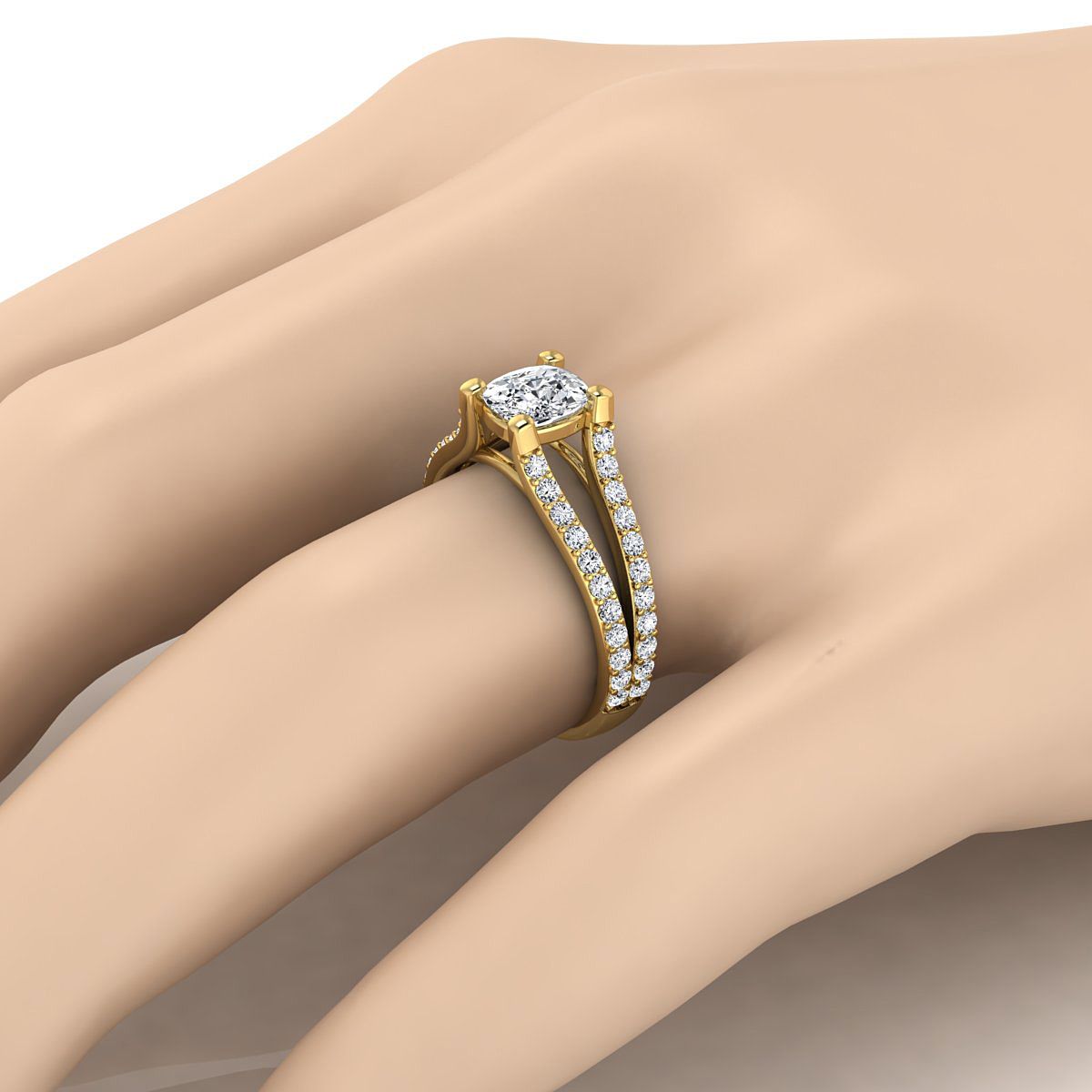 แหวนหมั้นทองคำเหลือง 14K ประดับแซฟไฟร์แบบหมุดรองรับทรงหมอน พร้อมแยกชิ้นแหวน